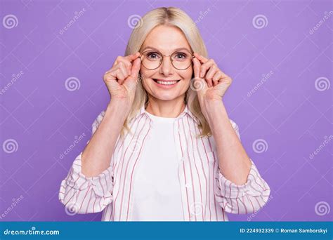 Photo Of Adorable Sweet Mature Woman Dressed Pink Shirt Arms Glasses Isolated Purple Color