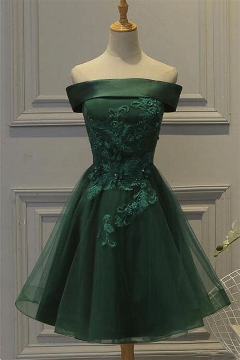 dark green off the shoulder tulle homecoming dress a line appliqued short prom dress