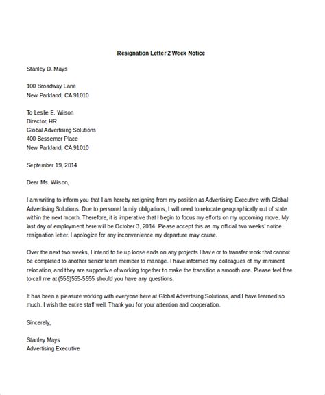 Two Weeks Notice Resignation Letter Sample Federal Resume Examples 2020