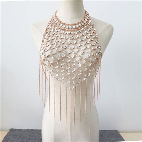 Sexy Shiny Rhinestone Body Jewelry With Chain Tassels Bikini Chain Bra