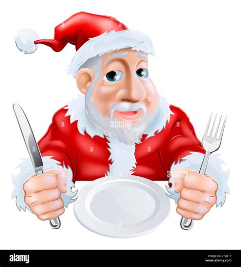 A Happy Cartoon Santa Ready For Christmas Dinner Waiting For Food With