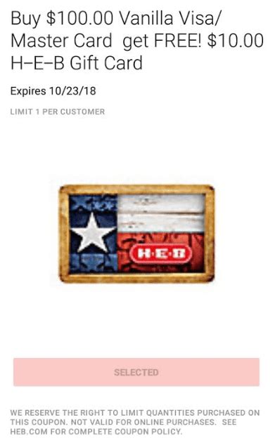 Whether you're looking for the perfect gift, or need a card with a set spending limit, we offer prepaid visa gift cards are always appreciated, and available at any service credit union branch. Expired H-E-B TX only: Purchase $100 Vanilla Visa & Get $10 H-E-B Giftcard (Limit 1 ...