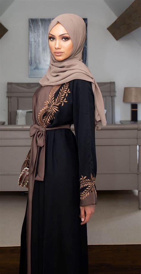 buy our stunning black closed abaya with pretty gold pearl lace detailing throughout the abaya