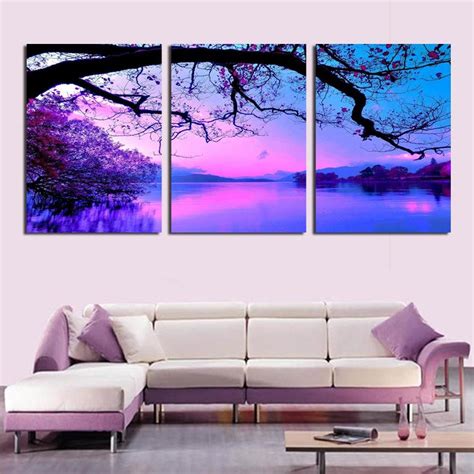 Free Shipping Canvas Painting Purple Cloud Scenery 3 Pieces Art Cheap