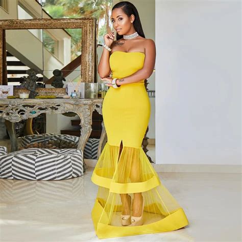 Ladylike Strapless Yellow Bandage Dress Runway Vestido Cold Shoulder In