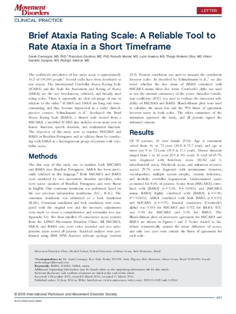 Pdf Brief Ataxia Rating Scale A Reliable Tool To Rate Ataxia In A