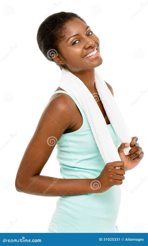 Attractive African American Woman Holding Gym Towel White Background