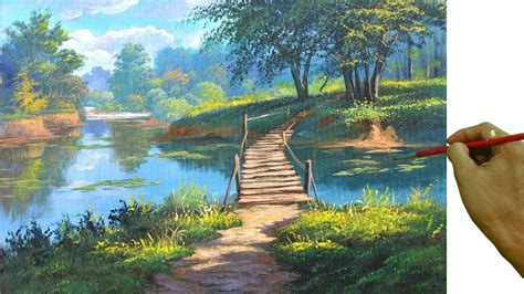 Acrylic Landscape Painting Lesson Wooden Bridge On The River