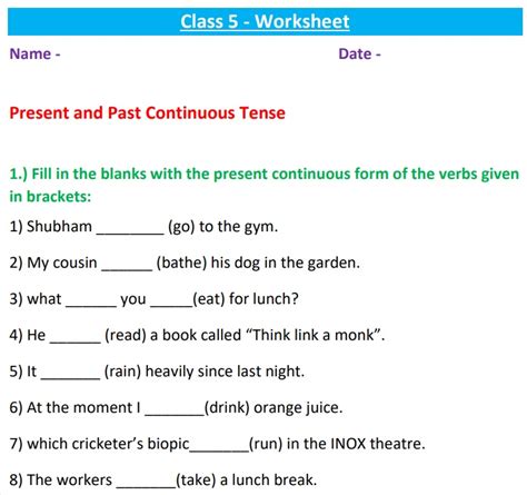 Present And Past Continuous Tense Class Worksheet Fill In The Blanks