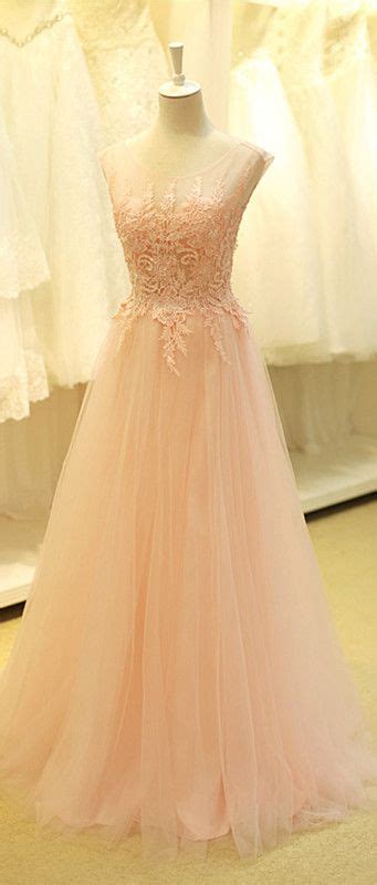 Light Pink Tulle Prom Dresses Scoop Neck Lace Appliques Party Dresses