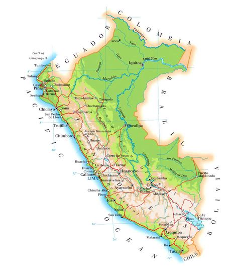Detallado Mapa De Elevación De Perú Con Carreteras Ciudades Y
