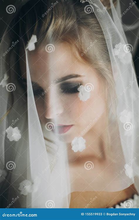 Stylish Bride Posing Under Veil In Soft Light Near Window In Hotel Room