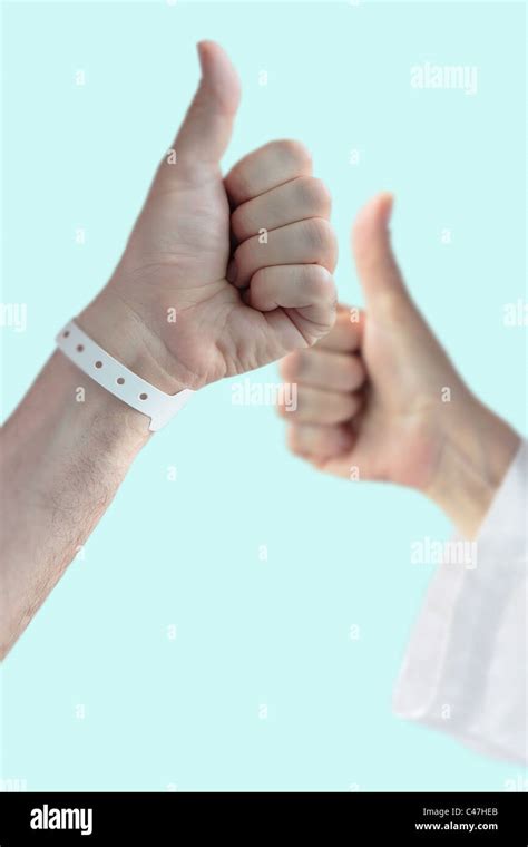 In Foreground Man Hand Thumb Up Victory Sign Background Doctor Or