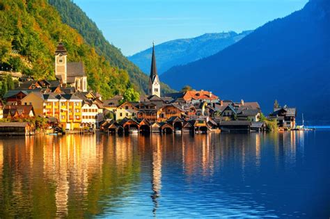 Traditional Wooden Village Hallstatt On Lake Hallstatt In European Alps