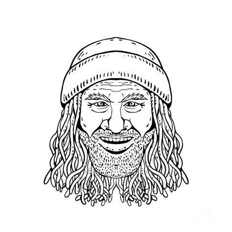 Rastafarian Dude Head Front Drawing Black And White Digital Art By