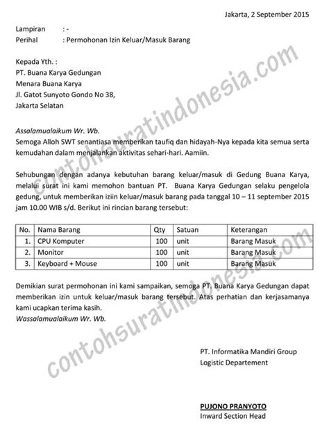 Contoh Surat Permohonan Izin Keluar/Masuk Barang