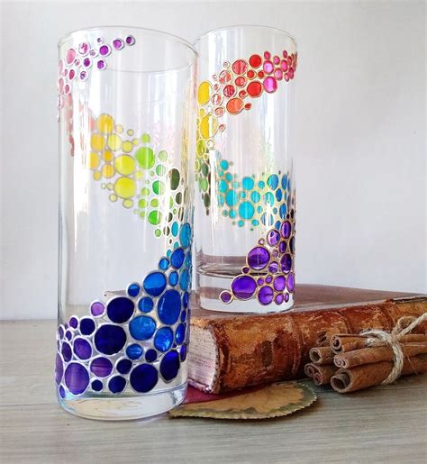 Rainbow Drinking Glasses Set Of 2 Hand Painted Colored Etsy Glass Painting Designs Glass