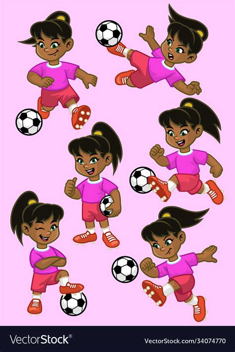 Set Cartoon Little Girl Soccer Player Royalty Free Vector