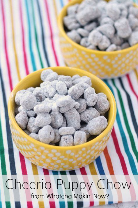 9 cups chex cereal (any variety) 1 cup semisweet chocolate chips 1/2 cup peanut butter 1/4 cup butter or margarine 1 recipe from the chex website. Cheerio Puppy Chow - no chex, no problem! Use cheerios to ...