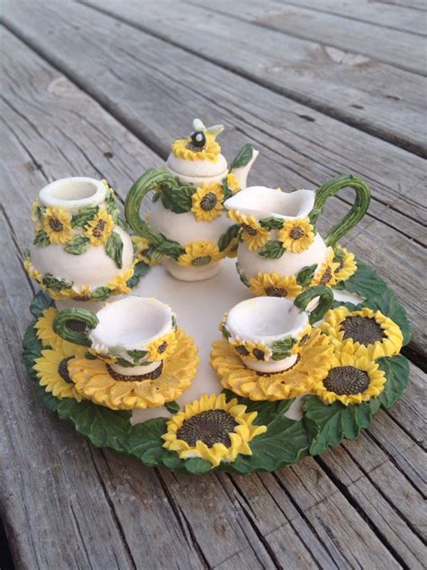 Miniature Poly Resin Sunflower Tea Set Fairy Garden Dolls Terrarium
