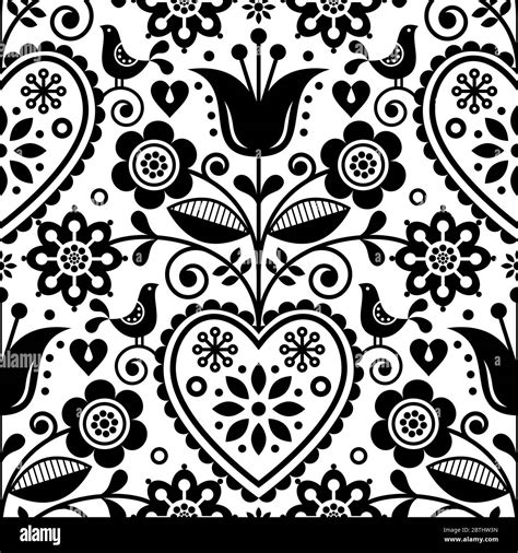Scandinavian Seamless Folk Art Vector Pattern Floral Black And White