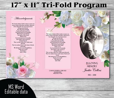17 X 11 Printable Tri Fold Memorial Program Printable Funeral Program