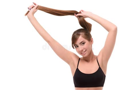 Happy Young Woman Holding Hairs With Her Hands Isolate Stock Image Image Of Healthy