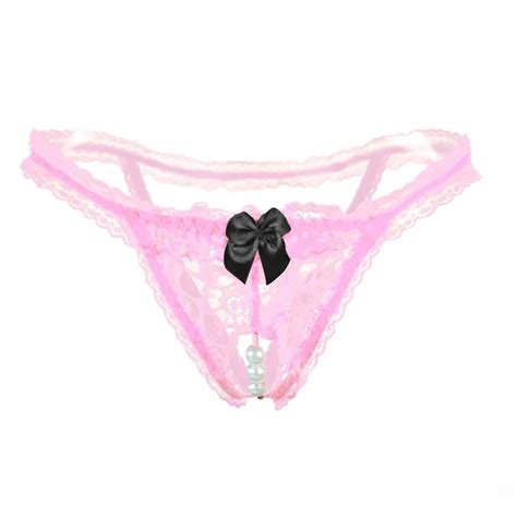 Women Sexy G String Micro Lace Open Split Hole Bow Beading Thong Panties Shorts Tangas Lingerie