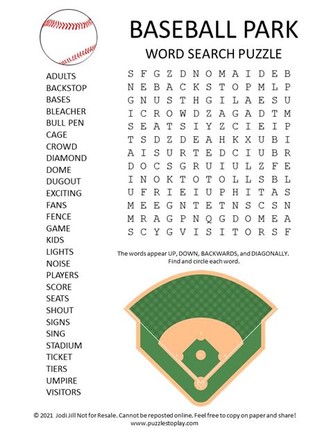Baseball Park Word Search Puzzle Puzzles To Play