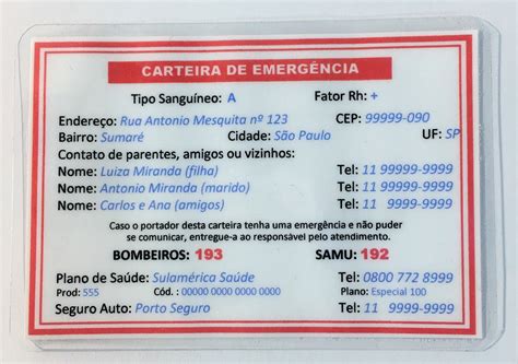 CartÃocarteira De EmergÊncia Emergency Card Elo7