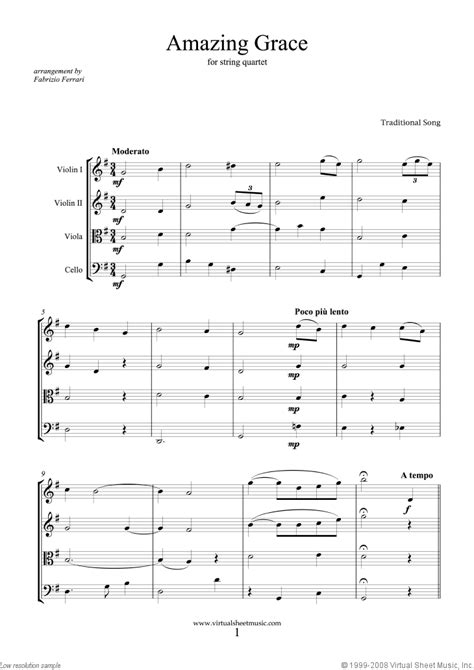Amazing Grace Sheet Music For String Quartet Or String Orchestra