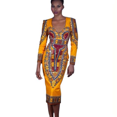 Women Traditional African Print Dashiki Dresses Knee Length Autumn Long Sleeve Backless Party