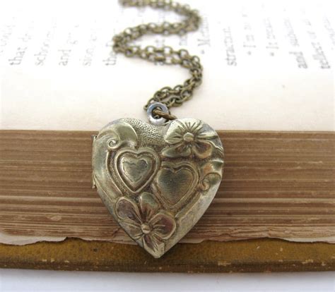 Vintage Locket Necklace Heart Flowers Antiqued Brass Jewelry Two Hearts