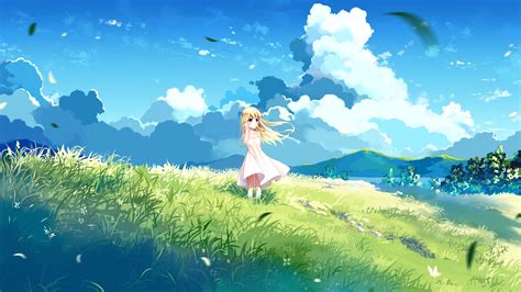 Desktop Wallpaper Landscape Blonde Anime Girl Clouds Outdoor Cute Hd Image Picture