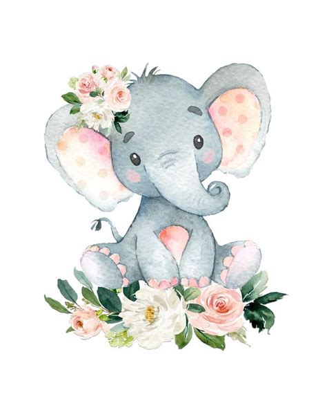 Blush Pink Floral Elephant Wall Art Baby Girl Elephant Nursery