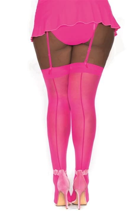 Plus Size Hot Pink Back Seam Sheer Thigh High Stockings Spicy Lingerie
