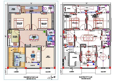 30x40 House Plan With Electrical Layout Drawing Dwg File