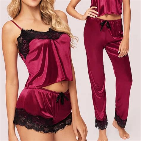3pcs Satin Pajamas Sets Sleeveless Women Sleepwear Pyjamas Girl Summer Lace Plus Size Casual