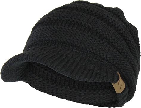 Folie Co Black Cable Ribbed Knit Beanie Hat Wvisor Brim Chunky