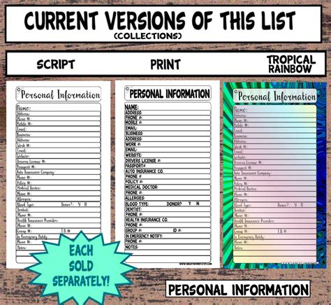 Personal Information List Planner Insert Black And White Script Printable