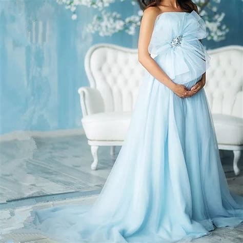 Light Sky Blue Maternity Pregnant Evening Dresses Beaded Ctystals Prom