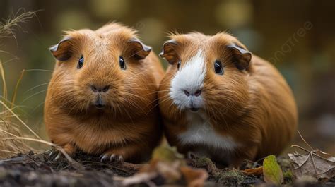 Two Guinea Pigs Are Standing Next To Each Other In The Fall Background