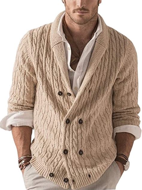 Mens Shawl Sweater Cardigan V Neck Button Down Double Breasted Casual