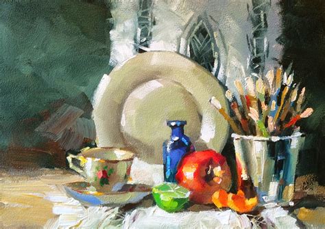 Tom Brown Fine Art Colorful Still Life With Lace And Fruit By Tom Brown