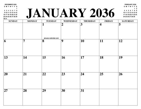 January 2036 Calendar Of The Month Free Printable January Calendar Of