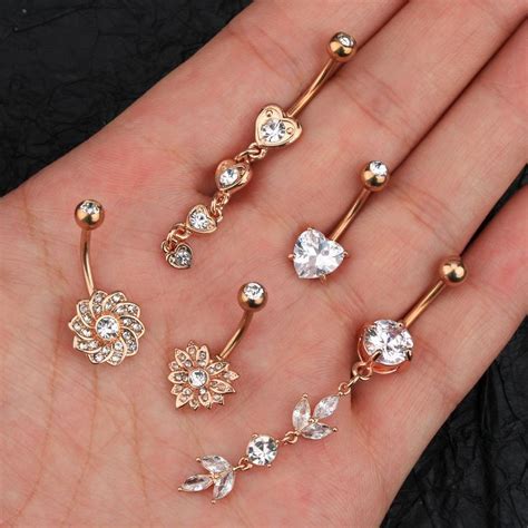 5pc 14g Rose Gold Belly Button Rings Set Dangle Belly Ring Cz Navel Piercing Belly Ring Navel