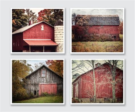 Red Rustic Home Decor Set Of 4 Red Farmhouse Barn Landscape Etsy