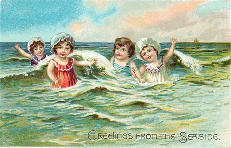 Four Children Splash In Waves Three Have Bonnets On Vintage Swim