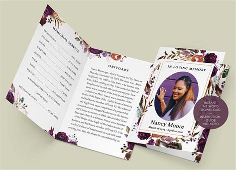 Funeral Program Editable Template Printable Purple Rose Flower Funeral