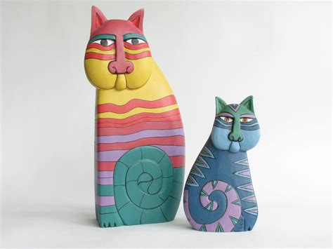 1980s Laurel Burch Colorful Wooden Cat Statues A Pair Edgebrookhouse